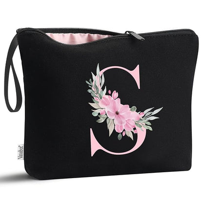 Vavabox A-Z Personalized Makeup Bag, Birthday Gifts for Women Mom, Gifts for Best Friend, Bride Bridesmaid Cosmetic bag (S, Black)