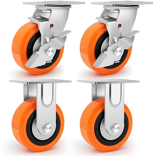 5"x2" Caster Wheels Heavy Duty - Industrial Grade Casters with Upgraded Thickened Bracket Set of 4, Polyurethane Wheel Capacity up to 3500 lbs, Plate Swivel Caster(2 Brake & 2 Rigid)