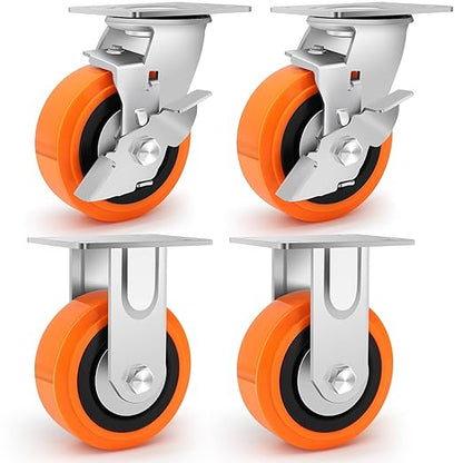 5"x2" Caster Wheels Heavy Duty - Industrial Grade Casters with Upgraded Thickened Bracket Set of 4, Polyurethane Wheel Capacity up to 3500 lbs, Plate Swivel Caster(2 Brake & 2 Rigid)