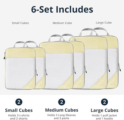 Compression Packing Cubes 6 Set, Compressible Space-Saving Packing Cubes for Travel - Compression Bags, Luggage Organizer, Travel Essentials for Women, Light Yellow