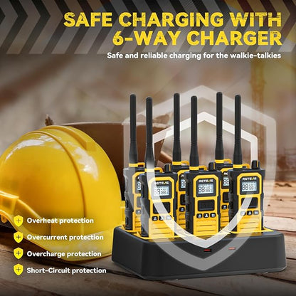 Retevis RB48 Pro Walkie Talkies Long Range, High Power, Heavy Duty Rechargeable Two Way Radios, 2800mAh, IP67, Upgrade Noise Reduction, Group Call for Construction (6 Pack with Gang Charger)