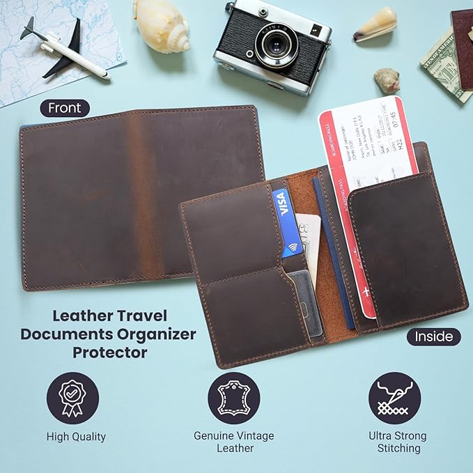 Leather Passport Holder with Travel Wallet, Genuine Leather Passport Cover- Passport Wallet, Leather Folding Wallet for Passports (Straight Cut, Dark Brown)