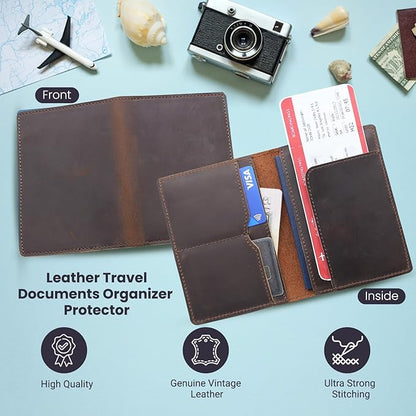 Leather Passport Holder with Travel Wallet, Genuine Leather Passport Cover- Passport Wallet, Leather Folding Wallet for Passports (Straight Cut, Dark Brown)