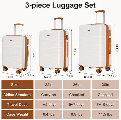 Romswi 3 Piece Luggage Sets, Expandable PC+ABS Hardshell Suitcase Set with TSA Lock YKK Zipper and Dual Spinner Wheels, Large Checked Travel Suitcases, 22/26/30 Inch, White