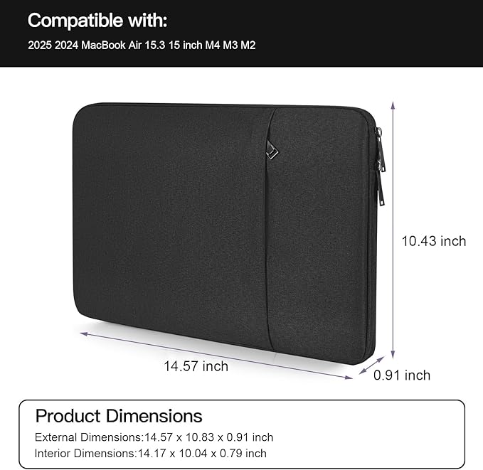 CaseBuy MacBook Air 15 inch Sleeve Water-Resistant Protective Case for 2025-2023 MacBook Air 15 M2 M3 M4 Chip A2941 A3114 A3241 Laptop Carrying Case Cover Slim Travel Accessories Bag -Black