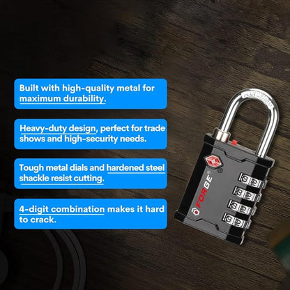 FFORGE 4-Digit TSA Approved Travel Locks – TSA008 Key System, Key Duplication Impossible, Heavy-Duty Combination Padlock for Travel, Gym, Pelican Case. Black 1 Lock.