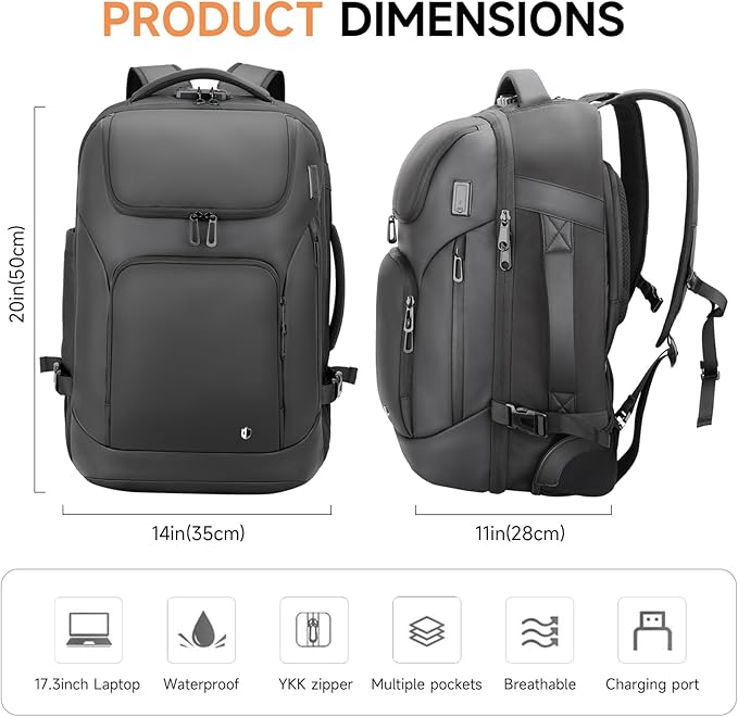 Backpack for Men, Anti Theft Convertible Laptop Backpack with Wheels,50L Rfid Personal Item Wheeled Backpack for Travel Business Work, Black