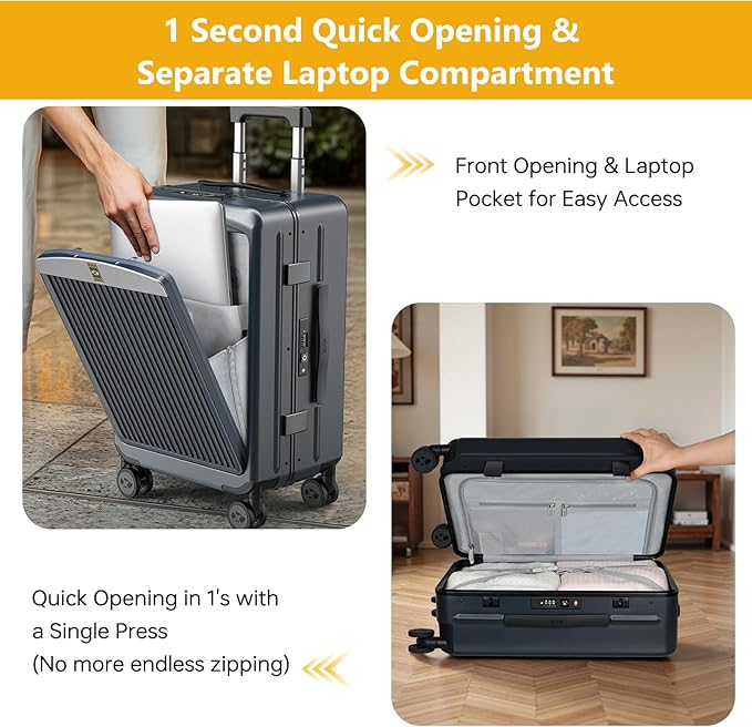 Carry on Luggage 22x14x9 Airline Approved, Durable PC Hardside Suitcase with TSA Lock for Business Trip, 20 Inch Carry-on Luggage, USB Port & 360°Spinner Wheels (20 Inch - Aluminium-Frame, Dark Grey)