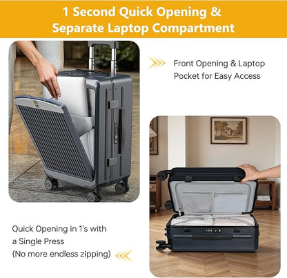 Carry on Luggage 22x14x9 Airline Approved, Durable PC Hardside Suitcase with TSA Lock for Business Trip, 20 Inch Carry-on Luggage, USB Port & 360°Spinner Wheels (20 Inch - Aluminium-Frame, Dark Grey)