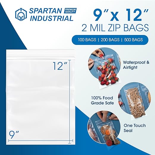 Spartan Industrial - 9” X 12” (500 Count) 2 Mil Clear Reclosable Zip Plastic Poly Bags with Resealable Lock Seal Zipper
