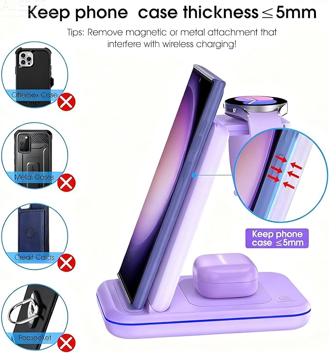 Wireless Charging Station for Samsung/Android, Fast Wireless Watch Charger Station Compatible for Samsung Galaxy S25 Ultra/S24/S23+/Z Flip 7/6 Fold 7/6, Watch8/7/Pro/Active 2 Galaxy Buds3/2 Pro(Purple