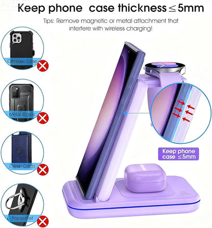Wireless Charging Station for Samsung/Android, Fast Wireless Watch Charger Station Compatible for Samsung Galaxy S25 Ultra/S24/S23+/Z Flip 7/6 Fold 7/6, Watch8/7/Pro/Active 2 Galaxy Buds3/2 Pro(Purple