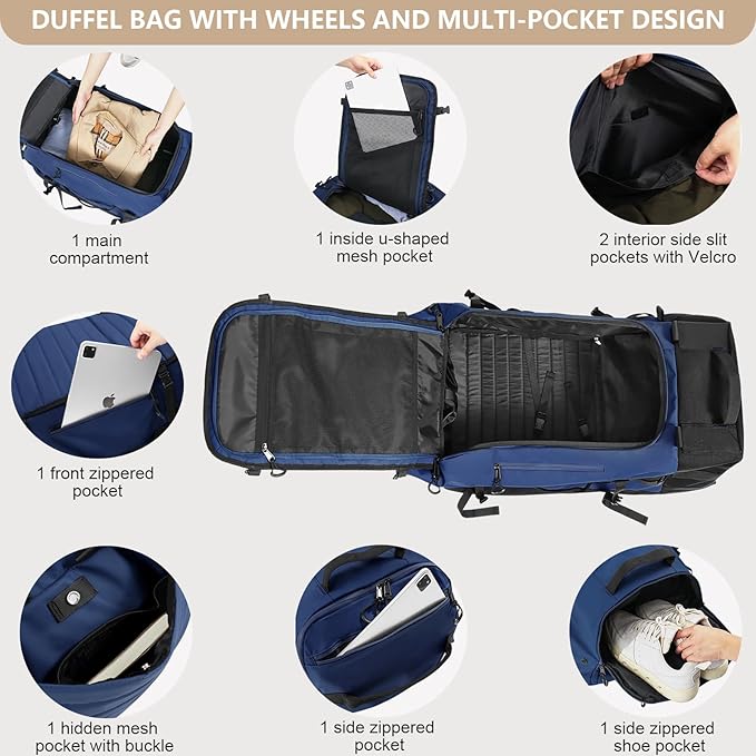 CONTAIL 86L Wheeled Duffel Bag, Soft Shell with Adjustable Web Handles, Carry On Size 29.5x14.2x12.6in, Foldable with Dual Wheels & Shoe Compartment,Navy