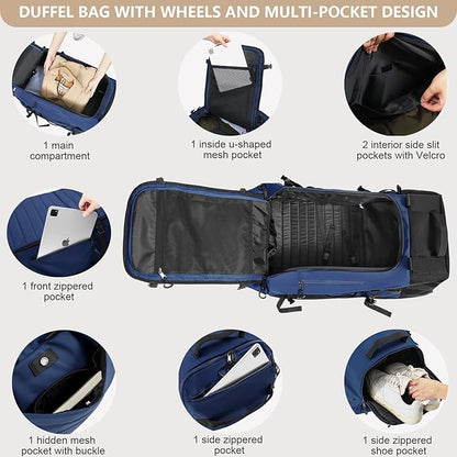CONTAIL 86L Wheeled Duffel Bag, Soft Shell with Adjustable Web Handles, Carry On Size 29.5x14.2x12.6in, Foldable with Dual Wheels & Shoe Compartment,Navy