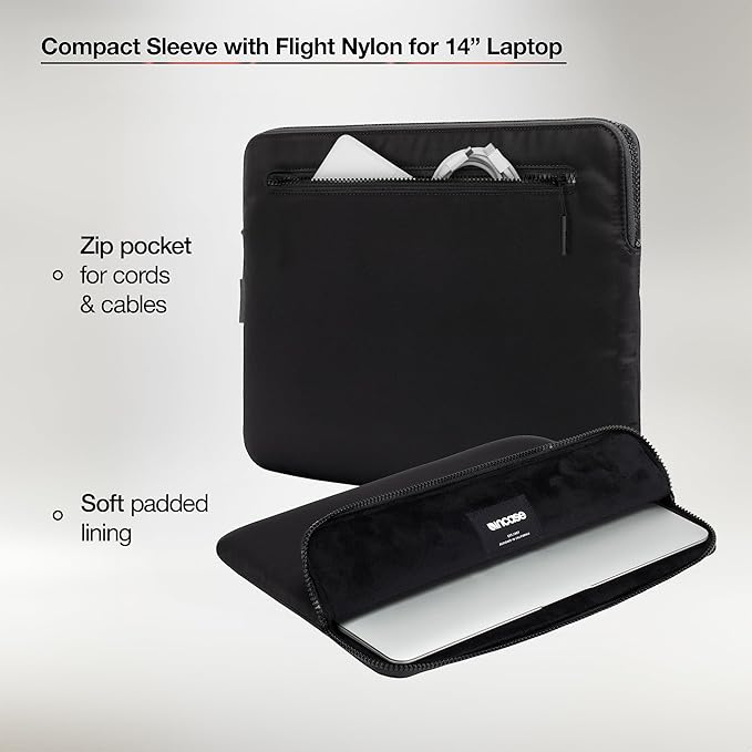 Incase Compact Laptop Sleeve with Flight Nylon - 14-inch MacBook/Laptop & iPad/Tablet Sleeve - Faux Fur Lining, Lightweight, Durable, Weather Resistant, Slip Pocket for Accessories - Black