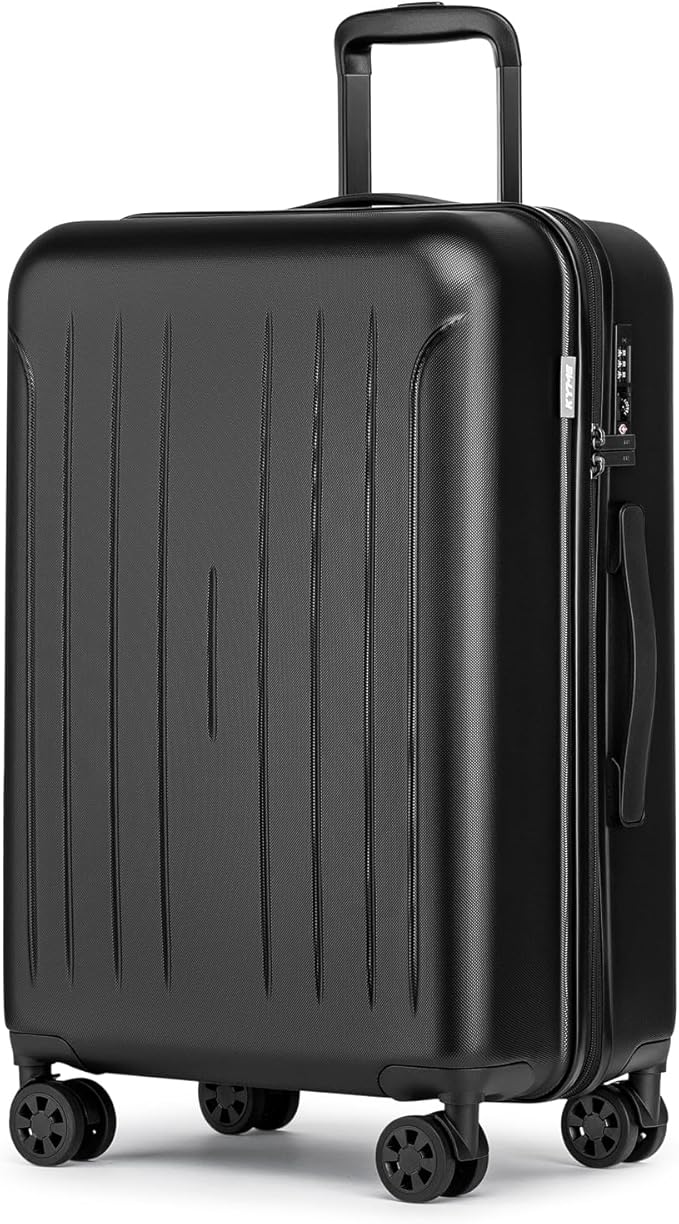 KYME 24-Inch Medium Luggage with Dual 360° Spinner Wheels Hardshell Checked TSA Approved Suitcase for Lightweight Travel (Black, 24" Checked)