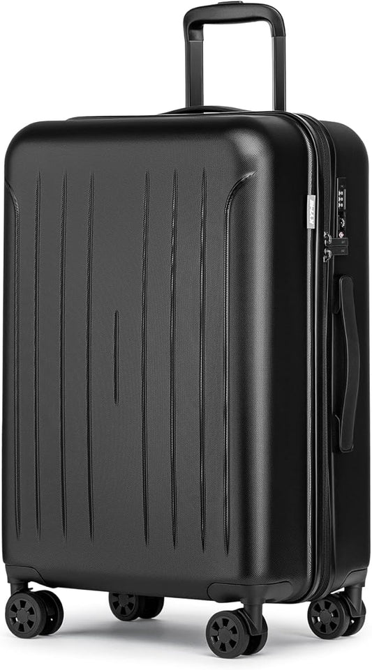 KYME 24-Inch Medium Luggage with Dual 360° Spinner Wheels Hardshell Checked TSA Approved Suitcase for Lightweight Travel (Black, 24" Checked)