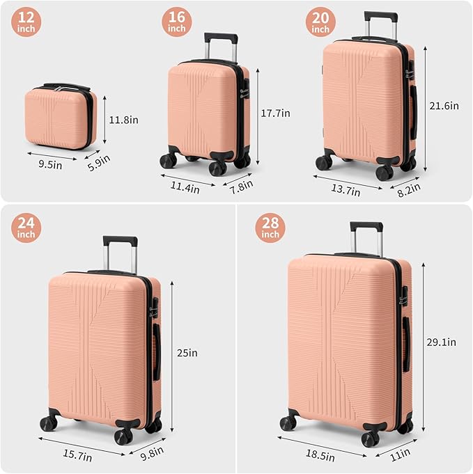 Karl home Luggage Sets 5 Piece, PP Hard Case Suitcase Set with Built-in Lock Spinner Wheels, Lightweight Durable Carry on Luggage for Business Travel - Light Pink (12/16/20/24/28")