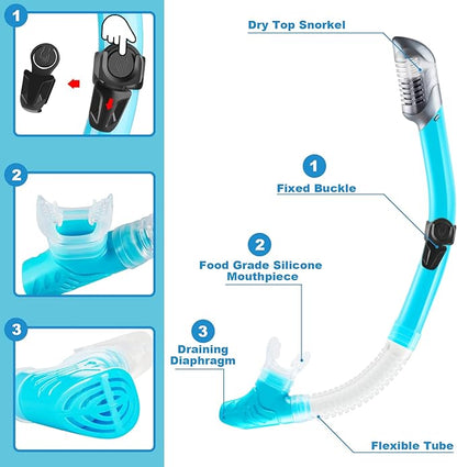 ZEEPORTE Mask Fin Snorkel Set, Travel Size Snorkeling Gear for Adults with Panoramic View Anti-Fog Mask, Trek Fins, Dry Top Snorkel and Gear Bag for Swimming Training, Snorkeling Kit Diving Packages