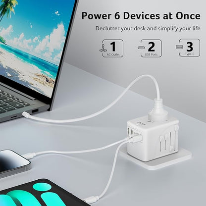 Acer Universal Travel Plug Adapter - International Power Adapter with 5 USB Ports (3 USB C) 5.8A, Worldwide Outlet Charger for USA to European UK France Germany Spain, Type C/E/F/G/I/L/A, White