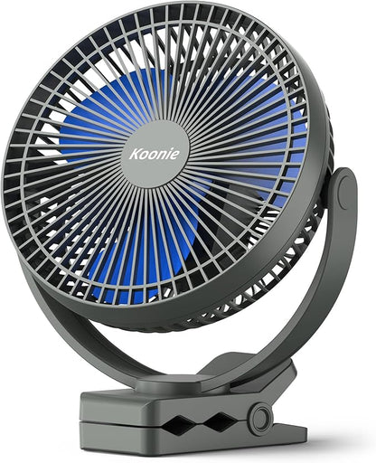 Koonie 10000mAh Rechargeable Portable 8-Inch Clip-on Fan, USB Car Fan 4 Speeds, Sturdy Clamp for Office Desk, Golf Cart, Stroller, Outdoor, Travel, Camping, Tent, Gym, Treadmill