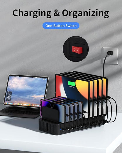 100W Charging Station for Multiple Devices, 10-Port USB Fast Charging Station with Adjustable Dividers & 10 Cables- Multi Device Organizer Charging Dock for iPhone, iPad, Tablets & More