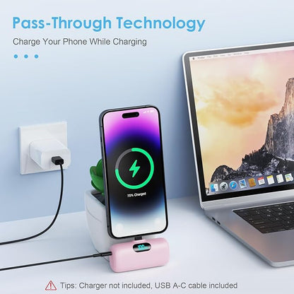 Mini Portable Charger USB C Power Bank,Upgraded 5000mAh PD Fast Charging Battery Pack Built-in USB-C Connector Travel Essential for iPhone17/17Pro/17Pro Max/Air/16 Plus/16Pro Max/15 Series,Android etc