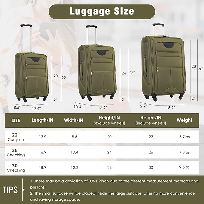 Luggage Sets 3 Piece Softside Expandable Lightweight Durable Softshell Suitcase Sets Spinner Wheels TSA Lock