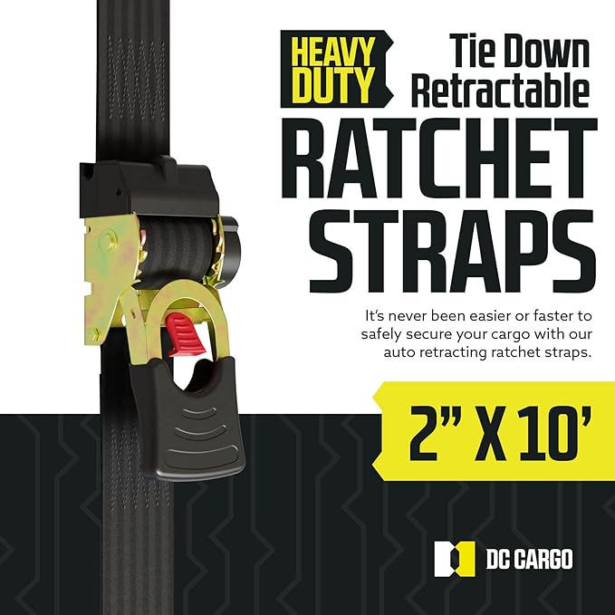 DC Cargo Mall Auto Retractable Ratchet Straps (2-Pack) 2” x 10ft, Super Heavy Duty, 3,033lb Break Strength – Tie Down Straps for Cargo, Truck, Trailer, Boats