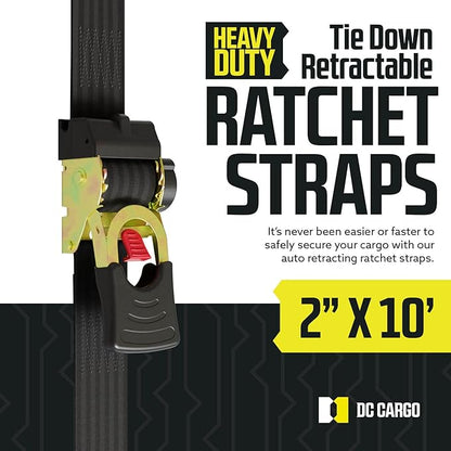 DC Cargo Mall Auto Retractable Ratchet Straps (2-Pack) 2” x 10ft, Super Heavy Duty, 3,033lb Break Strength – Tie Down Straps for Cargo, Truck, Trailer, Boats
