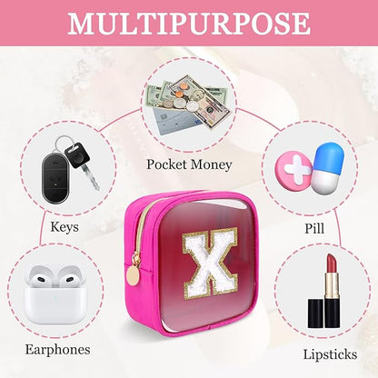 Mini Clear Personalized Initial Makeup Bag, Small Preppy A-Z Chenille Letter Patch Cosmetic Pouch, Transparent PVC & Nylon Waterproof Zip Beach Toiletry Bag,Gift for Women Girls(Hot Pink-White X)