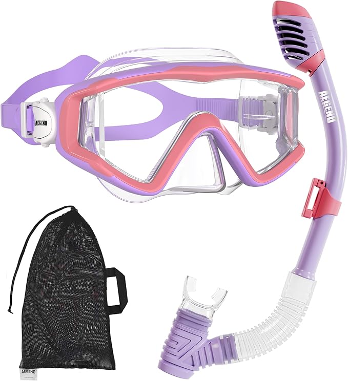 Aegend Snorkeling Gear for Adults Youth Kids, Dry Snorkel Set Panoramic View Enhanced Anti-Leak and Anti-Fog Technology, Adjustable Strap for Snorkeling Scuba Diving Swimming with Mesh Bag