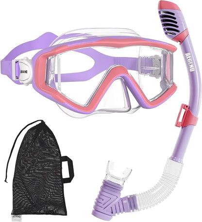 Aegend Snorkeling Gear for Adults Youth Kids, Dry Snorkel Set Panoramic View Enhanced Anti-Leak and Anti-Fog Technology, Adjustable Strap for Snorkeling Scuba Diving Swimming with Mesh Bag