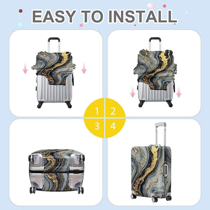 ANNA QUEEN Luxury Marble Gold Luggage Cover, Elegant Black & Grey Suitcase Protector with Faux Gold Vein Design, Stretchable, Washable Spandex Cover for 24-26 Inch Luggage