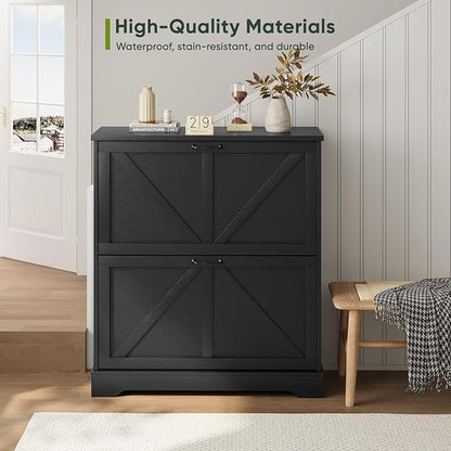 Shoe Cabinet, Shoe Storage Cabinet for Entryway with 2 Flip Drawers, Narrow Farmhouse Shoe Organizer Cabinet, Slim Shoe Rack Cabinet, 31.5in Black