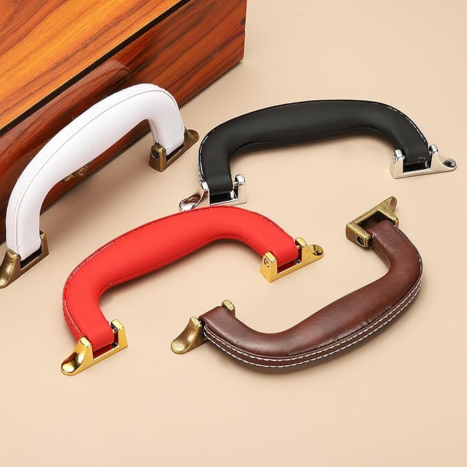uxcell PU Leather Luggage Handle, 0.9" Hole Distance Vintage U-Shape Replacement Strap Handle for Travel Handbag Guitar Musical Box Gift Boxes, Red/Gold