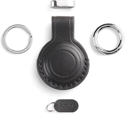 Genuine Leather Keychain Holder Compatible with AirTag - Secure Case Cover Key Ring Chain Fob Accessories Intended for Air Tag - Black
