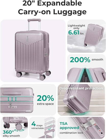 BAGSMART Carry On Luggage 22x14x9 Airline Approved with Spinner Wheels,100% PC Hardside Expandable Luggage with TSA Lock for Trips, 20 Inch Rolling Suitcases for Men Women,Purple