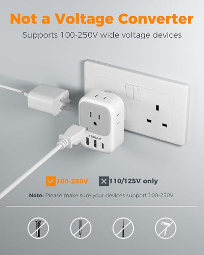 US to UK Plug Adapter 3 Pack, TESSAN Type G Adapter for Travel with 4 Outlets 3 USB Charger(1 USB C), Ireland Power Adaptor for USA to England London Scotland Dubai Singapore Hong Kong Qatar