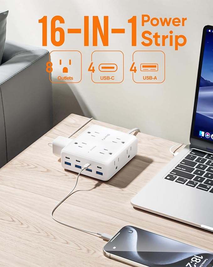 Power Strip 8 AC with 8 USB Ports, 10 FT Flat Plug Extension Cord, 2000 Joules Surge Protector, 30W Charging Station, Home Office College Dorm Room Essentials