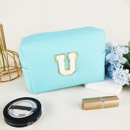 Gifts for Girls Initial Makeup Bag Personalized Cosmetic Bag with Zipper Cute Travel Toiletry Bag Waterproof PU Preppy Makeup Pouch Birthday Gift for Teen Girls Women(Blue U)