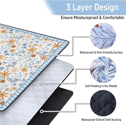 Extra Large Picnic Outdoor Blanket 80''x80'' Blue Plaid Flowers Waterproof and Sandproof Picnic Mat for Beach Foldable Camping Accessories for Grass Lawn Park