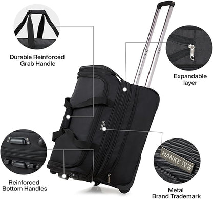 Hanke Large Expandable checked Luggage Suitcases with Wheels Foldable Duffle Bag for Travel suitcase for Women Men Garment Bag（Black）