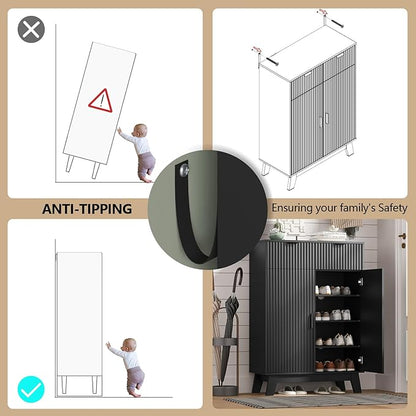 Shoe Cabinet Storage for Entryway with Doors, 4 Tier Fluted Shoe Organizer with 2 Drawers, Entryway Shoe Storage with Adjustable Shelves, Freestanding Hidden Shoe Rack for Front Door Entrance, Black