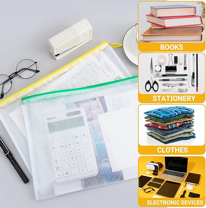 Mesh Zipper Pouch Bags, A4 Letter Size, 24 Pack 8 Colors Mesh Bags, Waterproof Document Zipper Pouches for Office School Supplies, Toys, Cosmetics Travel Storage(13''×9.5'')
