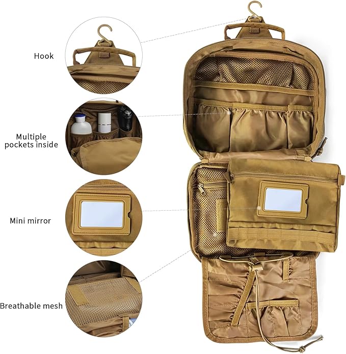 Tactical Toiletry Bag for Men, Travel Hanging Toiletry Bags, Toiletries Organizer Dopp Kit, Travel Cosmetic Bag,Shaving Hygiene Bag, Bathroom Essentials Men's Toiletry Bag for Camping - Khaki