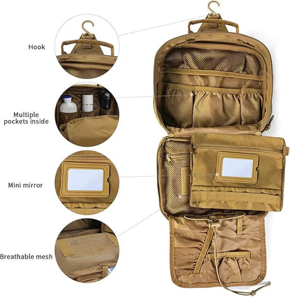 Tactical Toiletry Bag for Men, Travel Hanging Toiletry Bags, Toiletries Organizer Dopp Kit, Travel Cosmetic Bag,Shaving Hygiene Bag, Bathroom Essentials Men's Toiletry Bag for Camping - Khaki