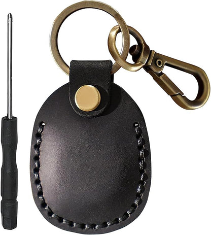 Genuine Leather AirTag Keychain Compatible with Apple AirTag Holder Key Ring. Anti Lost Anti Scratch Secure Key Chain Case for Pet Collar Luggage Travel. Full Cover Protective Air Tag Keyring (Black)