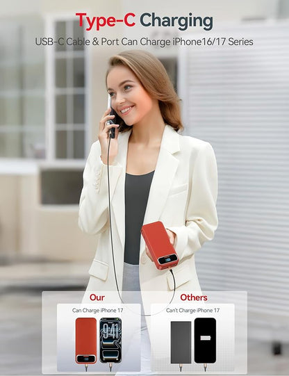 20000mAh Lightweight-Portable-Charger-Power-Bank with Built-in Cables and AC Wall Plug, PD20W USB-C Fast Charging Battery Pack, LED Display External Travel Phone Charger for All iPhone,Samsung,Android