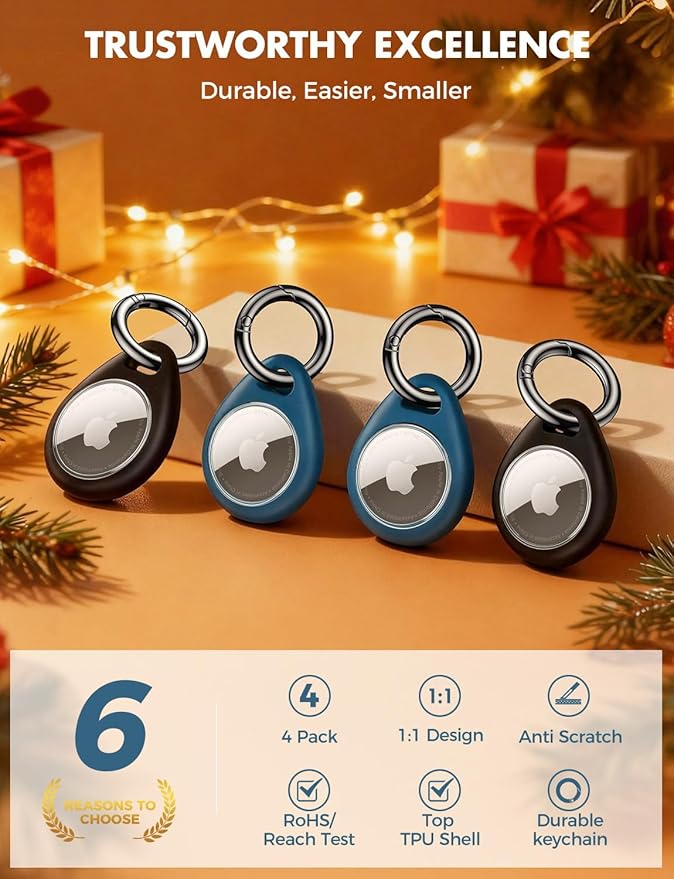 UNBREAKcable AirTag Holder for Apple - 4 Pack Air Tag Case [Fit Tightly Design] [Easy to Install] [Hold Securely] Waterproof TPU Protective Cover with Metal Keychain for Kids,Pet,Luggage,Backpack,Keys